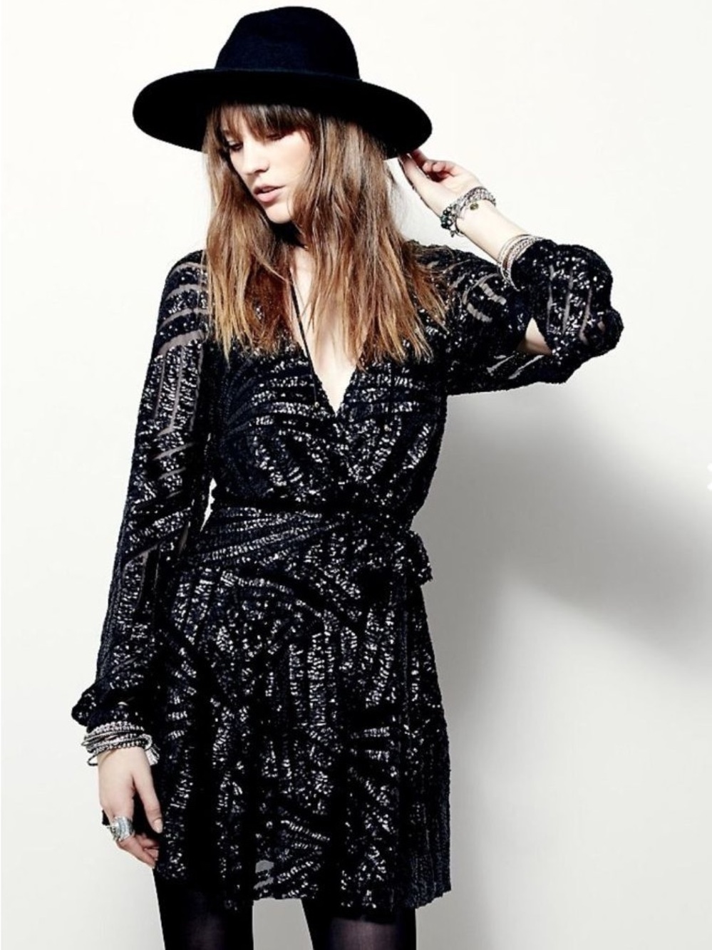 Free People Tiger Eyes Muted Charcoal Sequin Side Tie Wrap Mini Dress Sz S